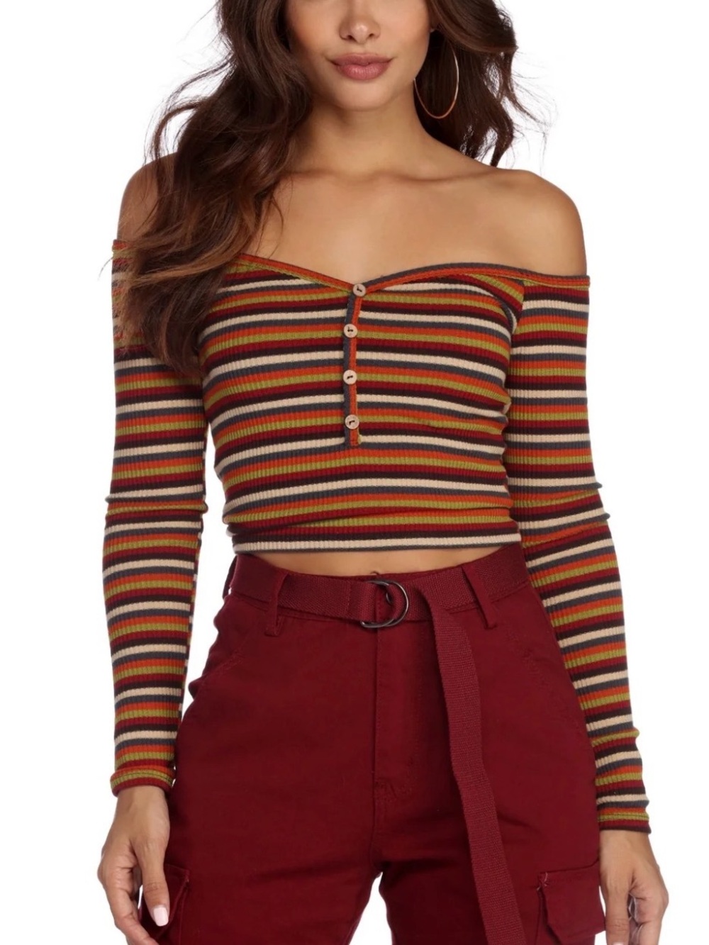 Windsor Off-Shoulder Striped Ribbed Crop Top in Rust, Olive & Black
